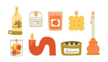 various cozy autumn-themed candles vector