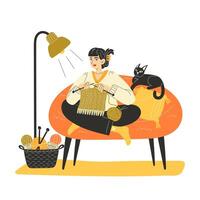 Young Woman Knitting with Needles on a Cozy Sofa with Cat and Yarn Basket Flat Illustration vector