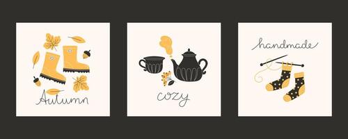 Cozy autumn fall illustration set for cards and social media featuring knitting hot drinks and walk with rubber boots in flat style vector
