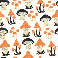 Seamless autumn fall mushroom pattern in flat style with orange elements on light background for seasonal forest themed fabric and wrapping design vector