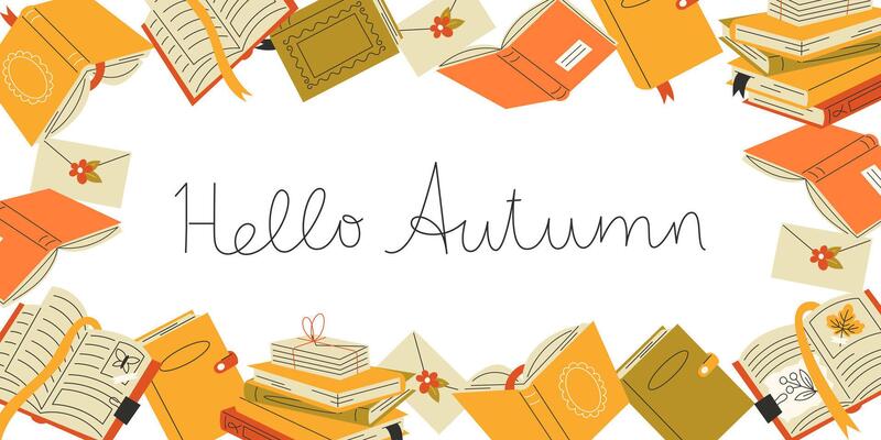 Hello Autumn Banner with Books Frame in Fall Colors Flat Style