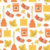 Seamless Pattern of Autumn Scented Candles and Fall Leaves in Flat Style with Warm Yellow and Orange Colors vector