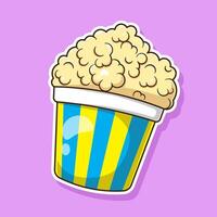 Delicious popcorn in a blue stripped bucket illustration cartoon isolated with simple style design concept. Cinema, Entertainment, films. Icon vector