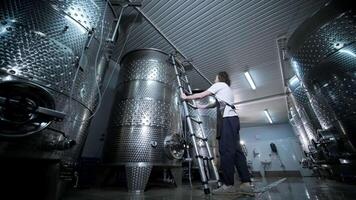 A happy successful farmer or winemaker is walking in the middle of wine tanks and checking a fermentation grade of high quality wine production in a modern winemaking facility or winery. 7 video