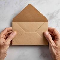 Person opening kraft paper envelope photo