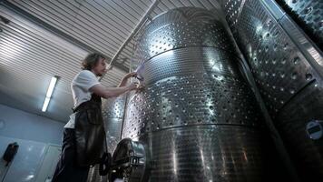 A happy successful farmer or winemaker is walking in the middle of wine tanks and checking a fermentation grade of high quality wine production in a modern winemaking facility or winery. 5 video