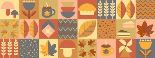 Autumn pattern with leaves and cups vector