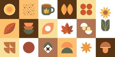 Autumn icons pattern with leaves and flowers vector