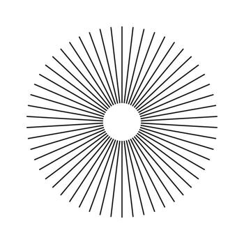 Template of circular lines. Radial circle lines. Sun star rays symbol. Spokes with radiating stripes, flat element isolated on a white. Abstract geometric shape, illusion. vector