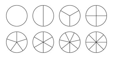 Segmented charts set isolated on white background. Outline thin black graphics. Collection of pie charts. Many numbers of sectors divide the circle on equal parts. vector