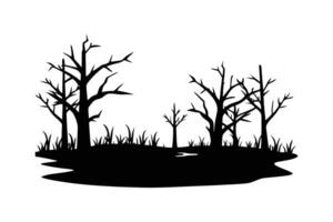 A black silhouette art of a swamp with dead trees and waterline vector