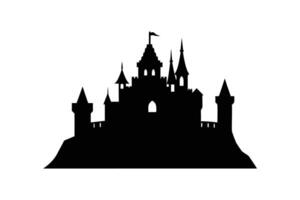 A black silhouette art of a medieval castle with towers vector