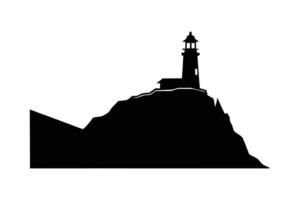 A black silhouette art of a lighthouse on rocky cliff vector