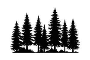 A black silhouette art of forest with tall pine trees vector