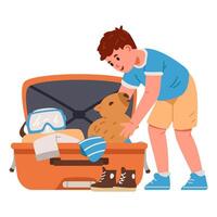 Boy packing a suitcase with a pet vector