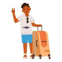 African American boy holding suitcase ready for travel showing peace gesture flat illustration isolated on white. vector