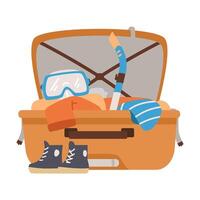 Open suitcase with things for summer vacation inside flat illustration isolated on white. vector