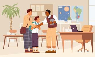 African American teacher meets his student and his father in the classroom flat illustration. vector