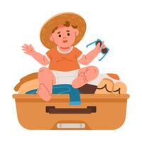 Child sitting in suitcase with sunglasses vector