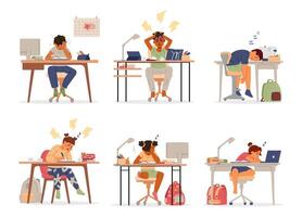 Different primary school children having problems while studying and doing homework, angry, tired, upset. Flat illustrations set isolated on white. vector