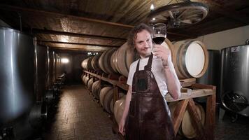 Authentic shot of successful male sommelier is tasting a flavor and checking white wine quality poured in transparent glass in a wine cellar. 38 video
