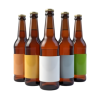 A row of amber beer bottles with colorful labels on transparent background png