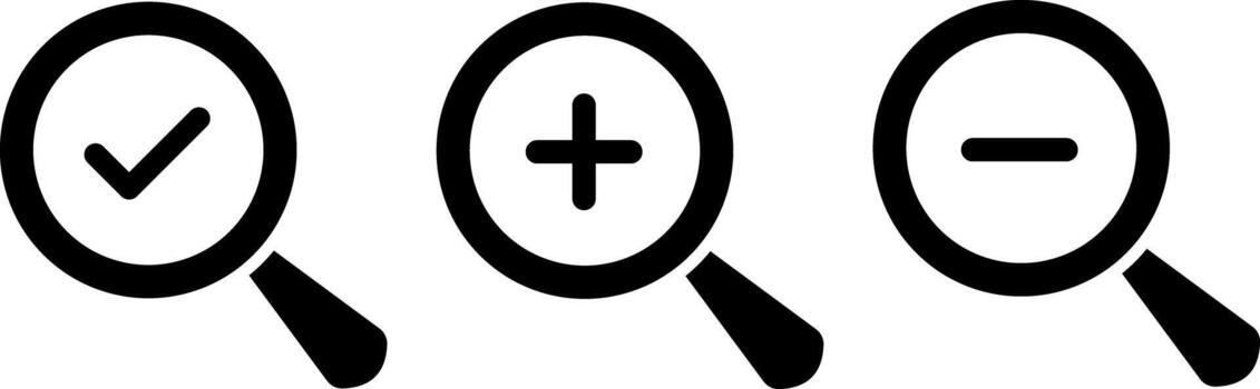 Zoom In and Zoom Out icons set. Search icons. Magnifying Glass icons. Searching success icons. magnifier with plus and minus. loupe with check mark sign. vector