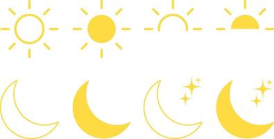 Sun and moon icons set. Screen brightness and contrast level signs. Day and Night icon symbols vector
