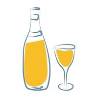 Italian bottle wine, wineglass in doodle style. Hand drawn blue chalk crayon sketch for Italy food menu, cafe, wedding, print, invitation, restaurant. Minimalist flat sticker. Charcoal illustra vector