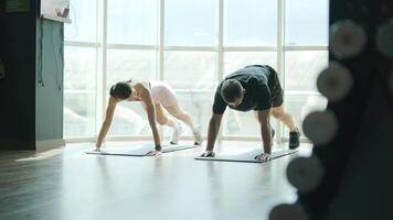 Man and woman doing fitness exercises in gym. Strength, endurance and training focus in modern fitness center 39 video