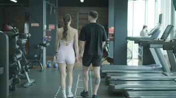 Man and woman doing fitness exercises in gym. Strength, endurance and training focus in modern fitness center 1 video