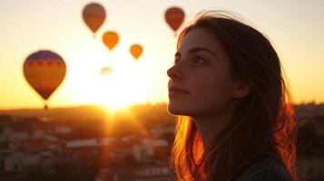 woman silhouetted against sunset with hot air balloons photo
