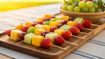 Picnic in the park for fun family. Fresh fruit skewers with strawberry, grape, melon, and pineapple on wooden board, outdoor picnic,outdoor activity summer vacation, travel and adventure holiday photo