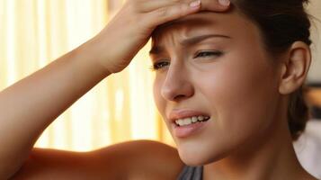 Heat stroke. Young woman headache hand on forehead discomfort indoor sunlight health stress,sunstroke,exhaustion,hot weather,heat summer,sun exposure,dehydration in high temperature overheating photo
