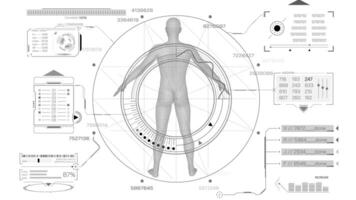 Animated interface with HUD and infographic elements for data research video