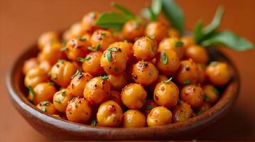 Glazed golden berries with herbs in a rustic wooden bowl, close-up shot photo