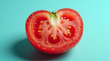 Sliced tomato with glistening droplets against a vibrant turquoise backdrop. photo