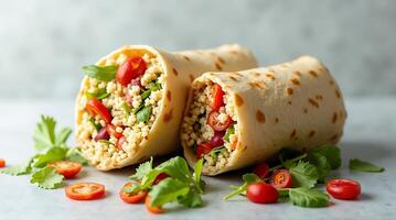 Two Couscous Burritos with Cherry Tomatoes and Fresh Greens on a Neutral Surface photo