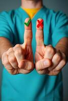 Healthcare Professional Holding Red Cross and Green Check Marks on Fingers photo