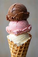 Delicious Ice Cream Cone with Chocolate Strawberry and Vanilla Flavors photo