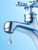 Close-up of Chrome Faucet with Water Drop on Blue Background photo