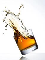 Whiskey Splash in Glass on White Background High-Speed Drink Photography photo