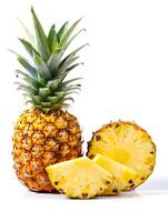 Fresh Whole and Sliced Pineapple on White Background Tropical Fruit Closeup photo