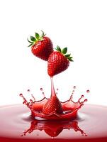 Fresh Ripe Strawberries Splashing into Red Juice on White Background photo