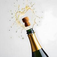 Champagne Bottle Popping with Splash and Flying Cork on White Background photo