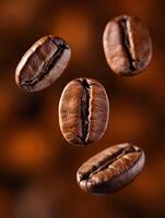 Floating Coffee Beans Close-Up on Warm Background photo