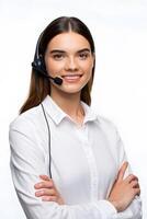 Smiling Female Customer Service Representative with Headset on White Background photo