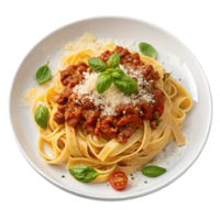 Realistic Plate of Delicious Pasta Bolognese with Rich Meat Sauce and Fresh Basil png