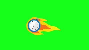 A clock with a fire coming out of it on a green background video