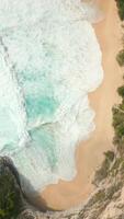 Aerial top-down view of foamy ocean waves crashing on white sand at Kelingking Beach, Nusa Penida Island, Bali, Indonesia. Perfect for travel, nature, summer, and tropical paradise themes. video